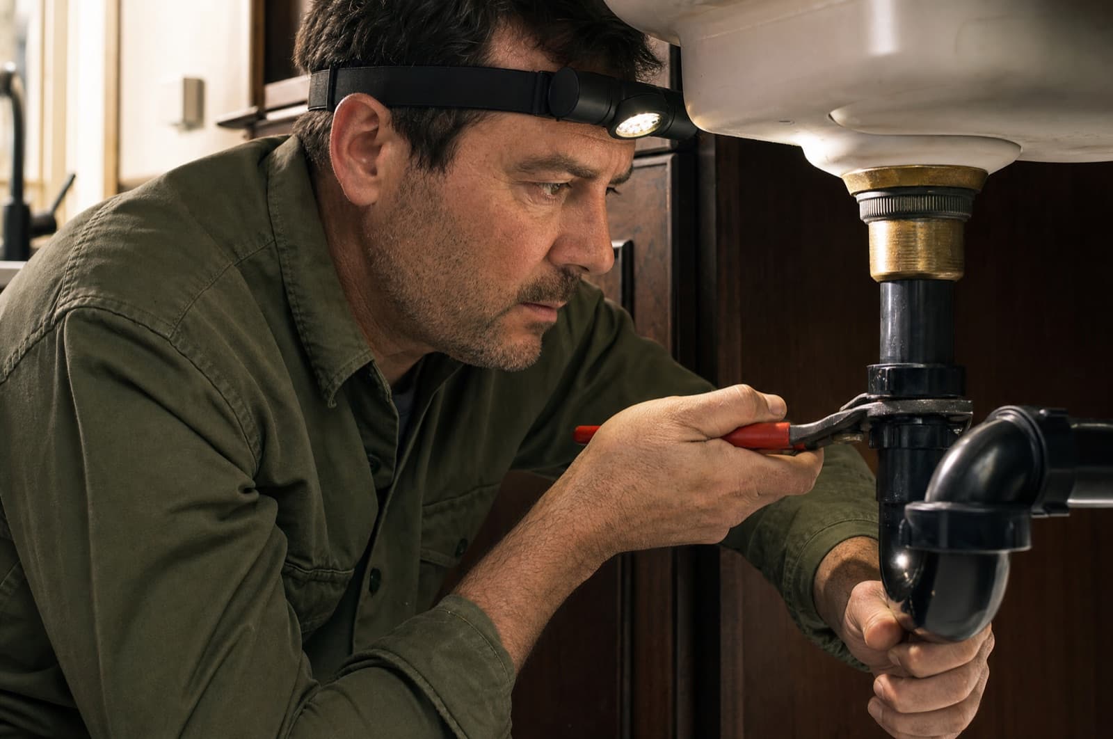 Plumber repairing a kitchen sink drain with a headlamp