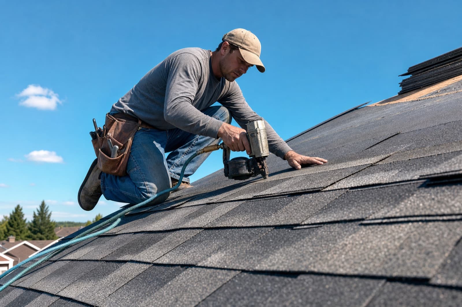 Roofing contractor nailing shingles on a residential roof
